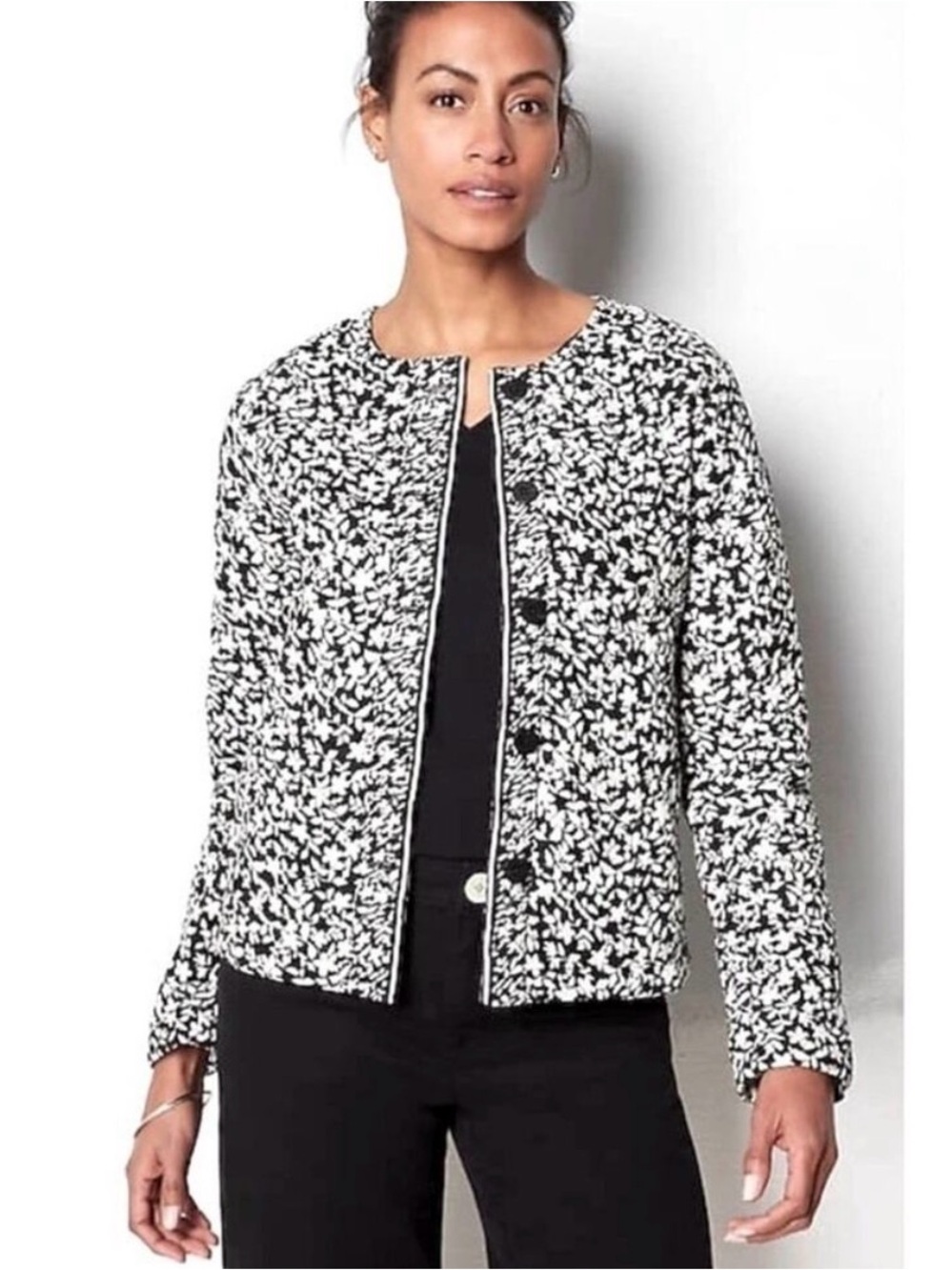 J. Jill Quilted Black & Ivory Floral Button-Front Long-Sleeve Jacket Cardigan M